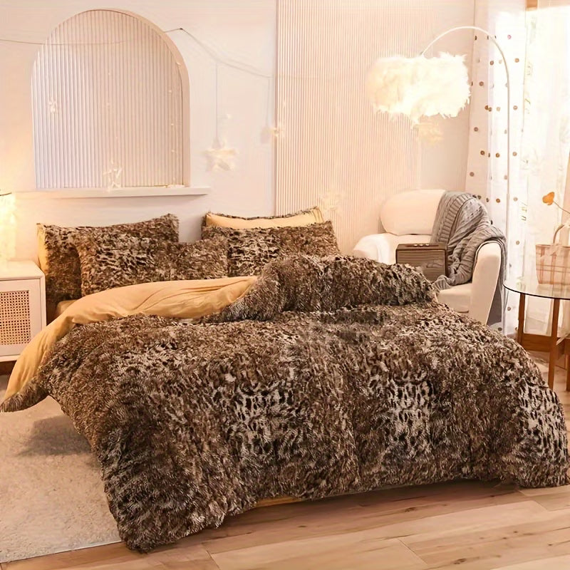 3pcs Leopard Print Long-Haired Duvet Cover Set – Quilt Cover & Pillowcases for Cozy Bedrooms