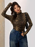 Plus Size Leopard Print Bodysuit – High Neck, Flattering Fit (0XL–5XL)