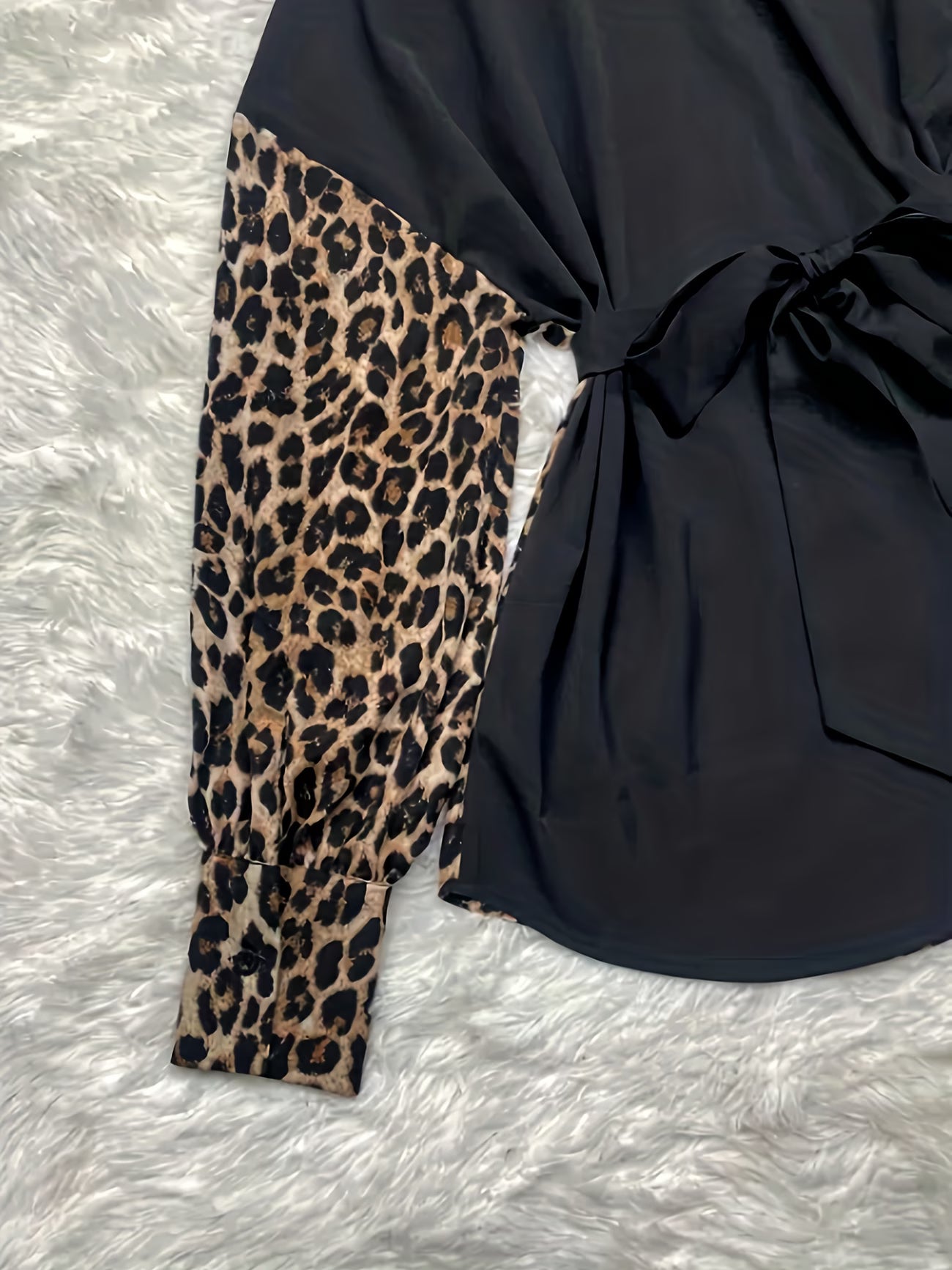 Women’s Elegant Patchwork Leopard Print Shirt – Faux Metallic Belt Detail