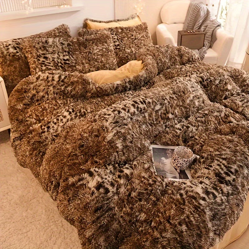 3pcs Leopard Print Long-Haired Duvet Cover Set – Quilt Cover & Pillowcases for Cozy Bedrooms