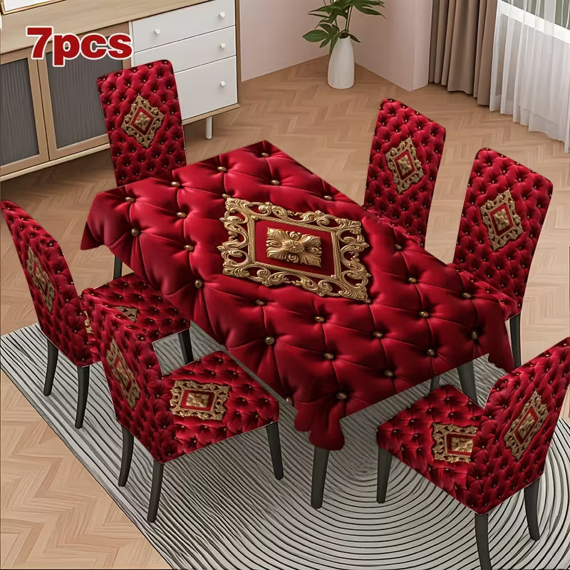 Classic Baroque Red Pillow, Chair Cover & Tablecloth Set (4–7 Pieces)