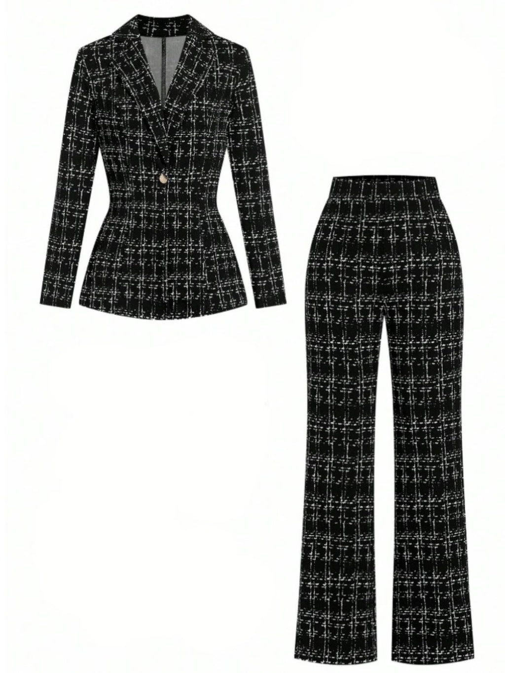 Local warehouseWomen'S Two-Piece Set Featuring a Plaid Blazer with a Single Button And Flared Trousers, Perfect for a Classic Office Look And Suitable for Work Or Casual Business Events