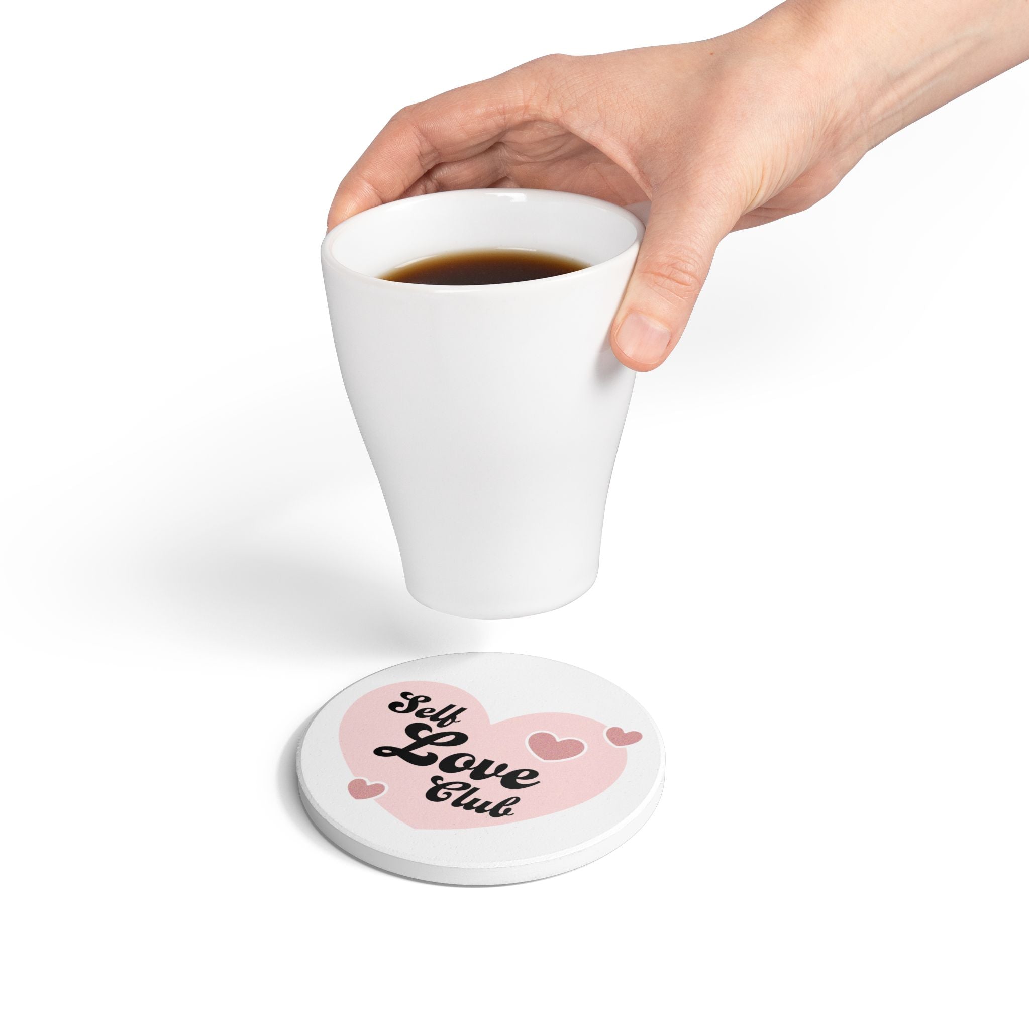 Self Love Club Ceramic Coaster, Inspirational Quote Decor, Perfect for Self-Care Gifts, Home Office Accessories, Heart Decor