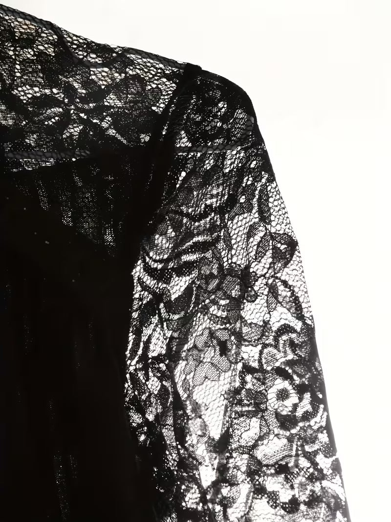 Plus Size Elegant Long-Sleeve Lace Patchwork T-Shirt