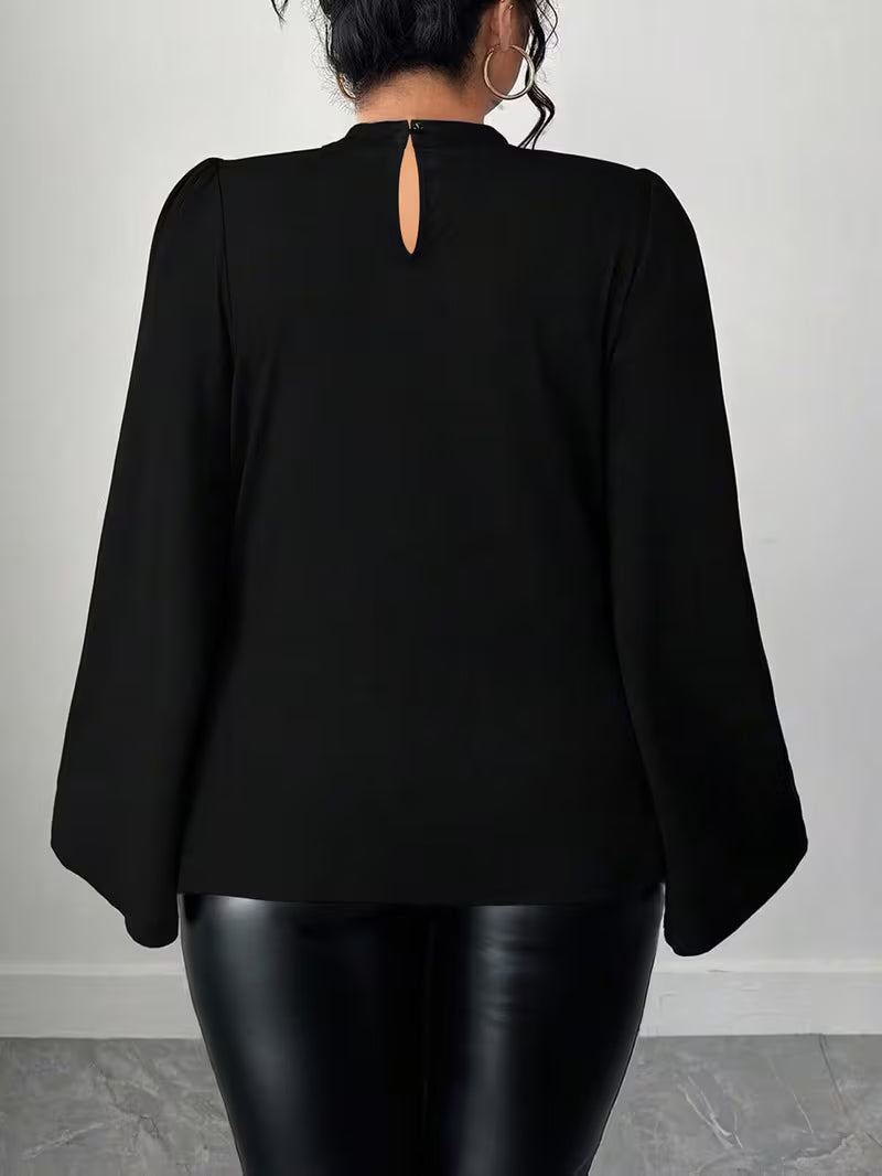Plus Size Beaded Hollow-Out Flared Sleeve Commuter Shirt