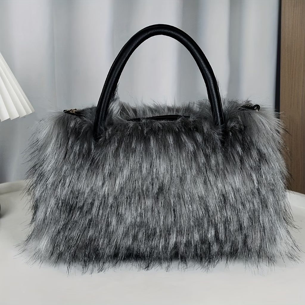 Women’s Retro Plush Shoulder Bag – Messenger Tote Handbag with Zipper Closure (Deep Brown)