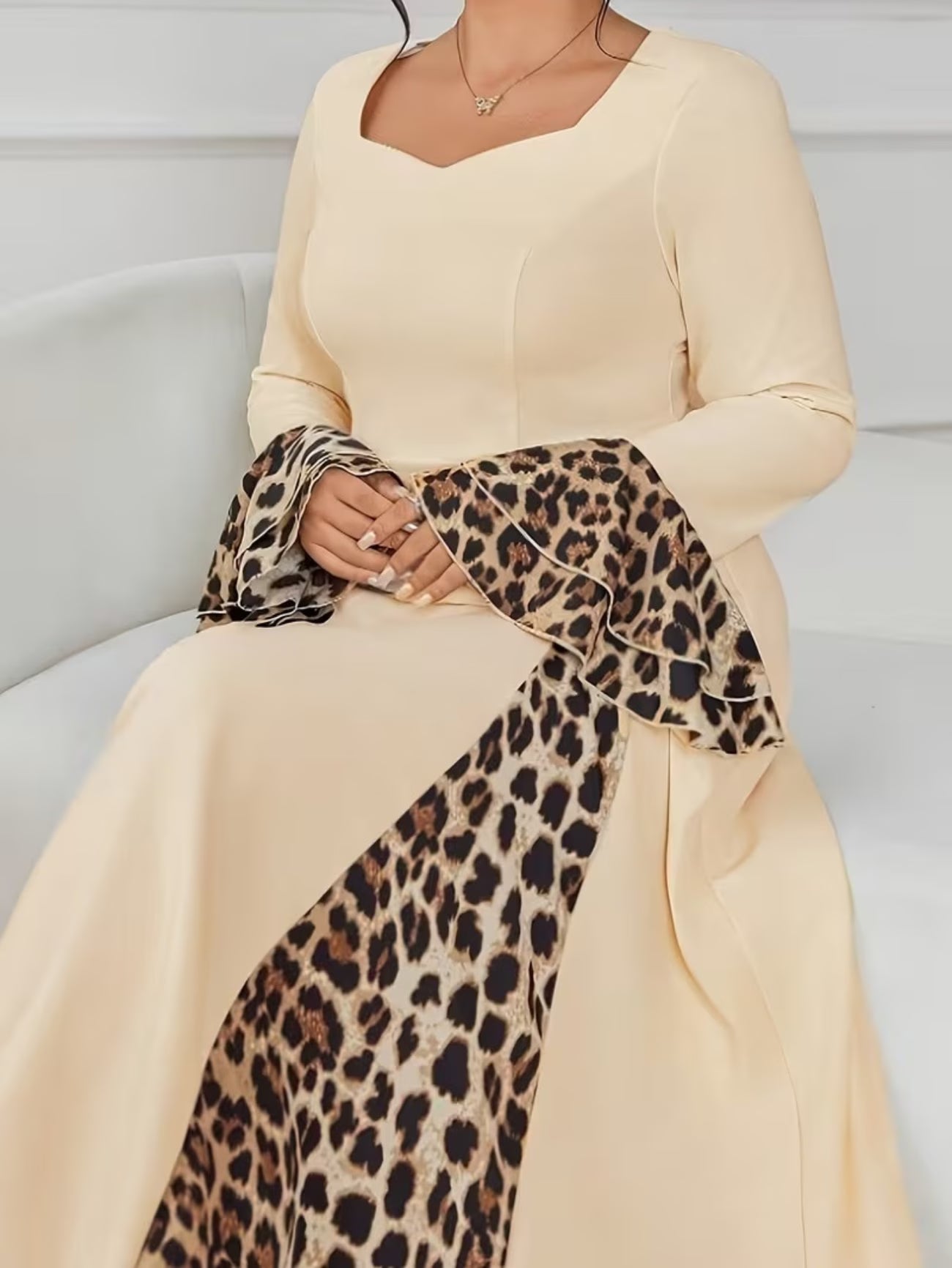 Plus Size Leopard Print Patchwork Flared Dress – Square Neck, Long Sleeve