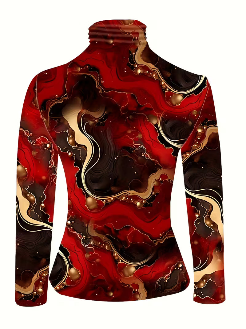 Plus Size High-Neck Printed Long Sleeve T-Shirt – Autumn & Winter