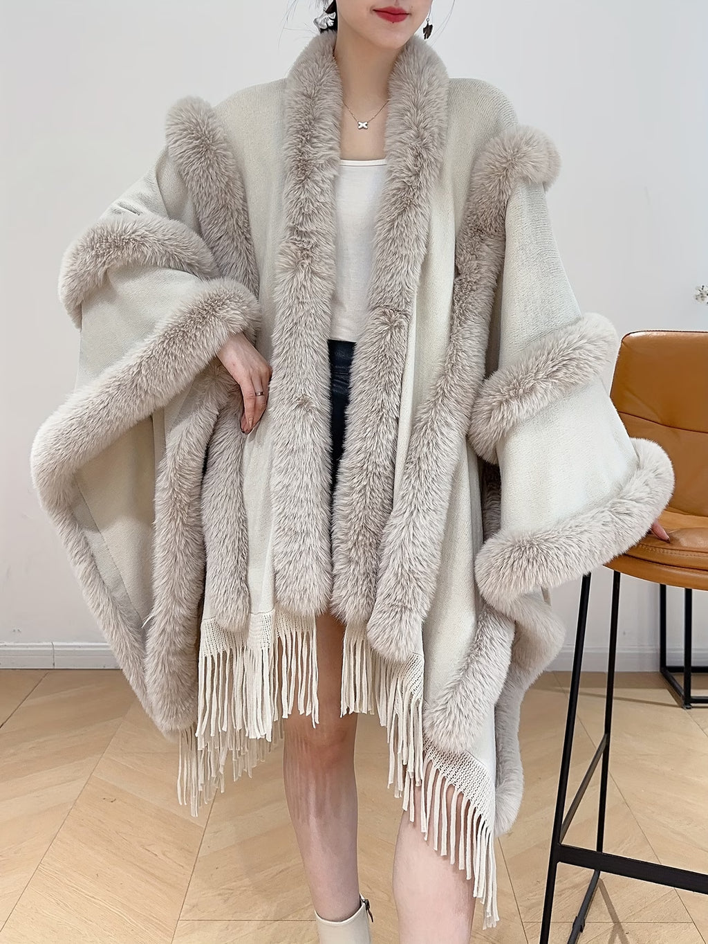 Plus-Size Long Shawl Cape – Solid Color Sleeveless Open-Front with Fringed Hem