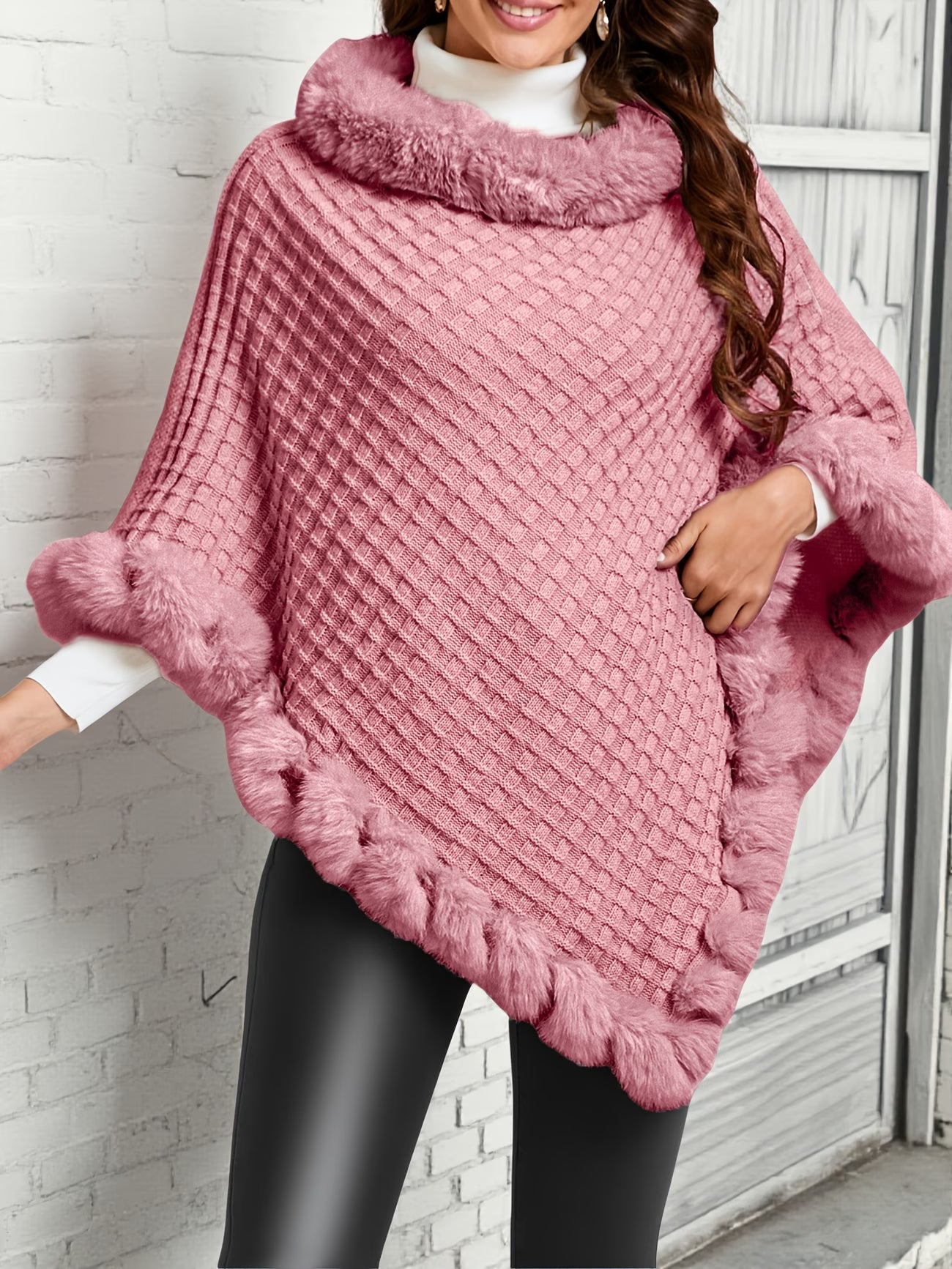 Elegant Special Edition “Pure Body Bust” Women’s Waffle Shawl Pullover – Faux Fur Collar, Solid Color