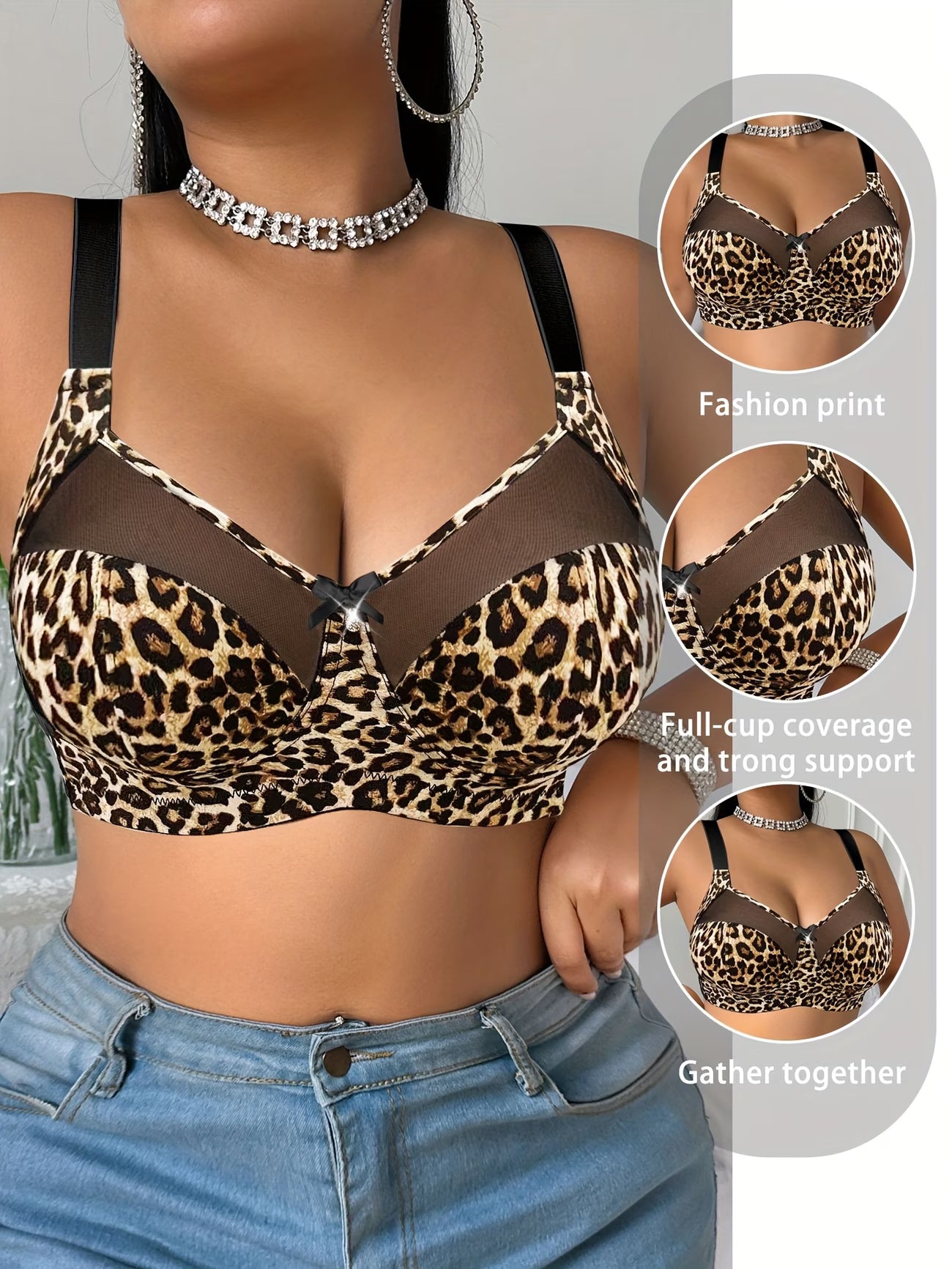 Plus Size Leopard Print Lace Mesh Wire-Free Bra | Sexy & Comfortable Support