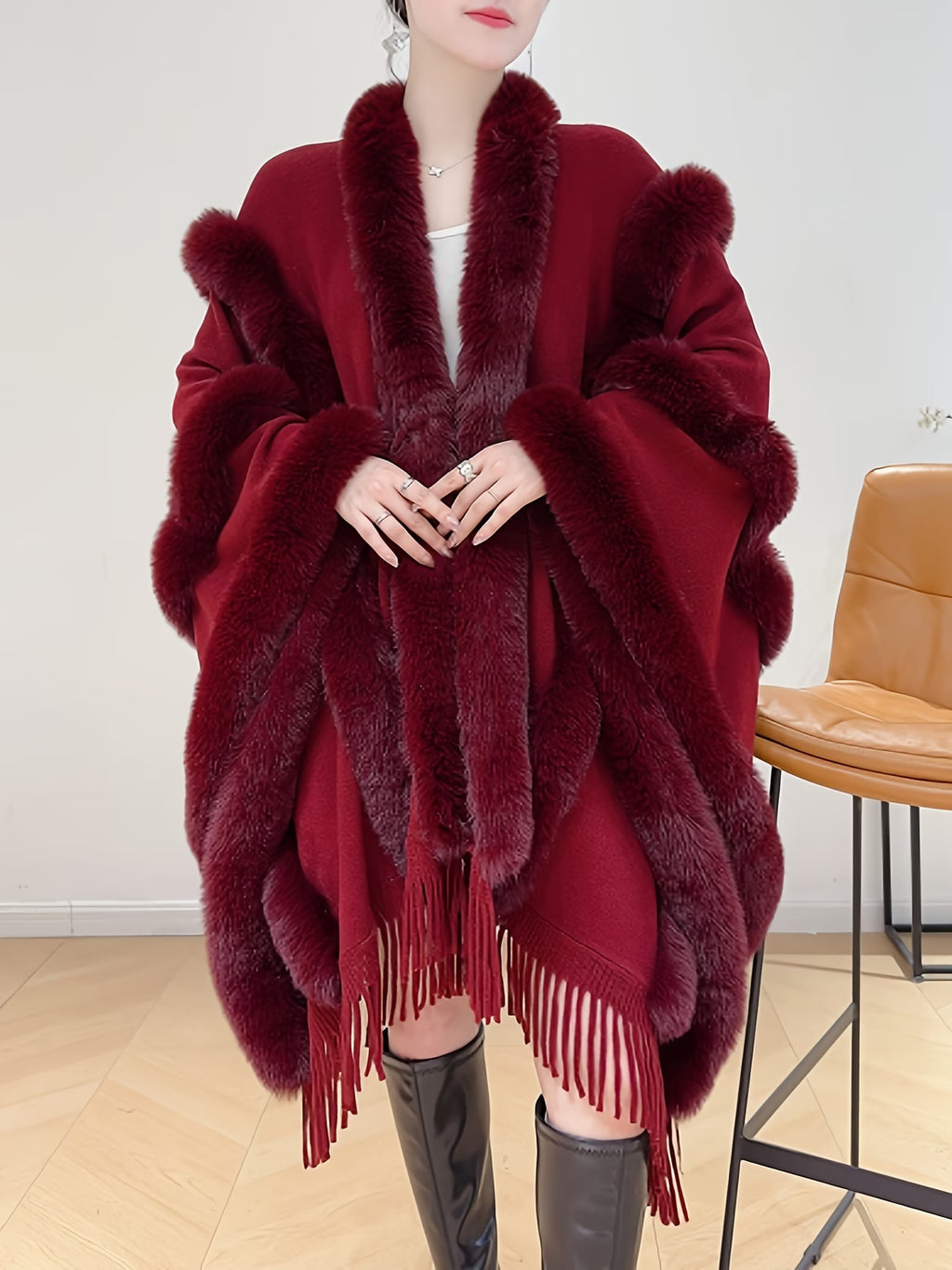 Plus-Size Long Shawl Cape – Solid Color Sleeveless Open-Front with Fringed Hem