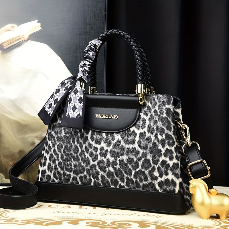Women’s Vintage Leopard Print Handbag – Large Capacity Tote with Adjustable Strap & Zipper Closure