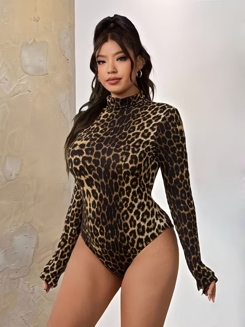 Plus Size Leopard Print Bodysuit – High Neck, Flattering Fit (0XL–5XL)