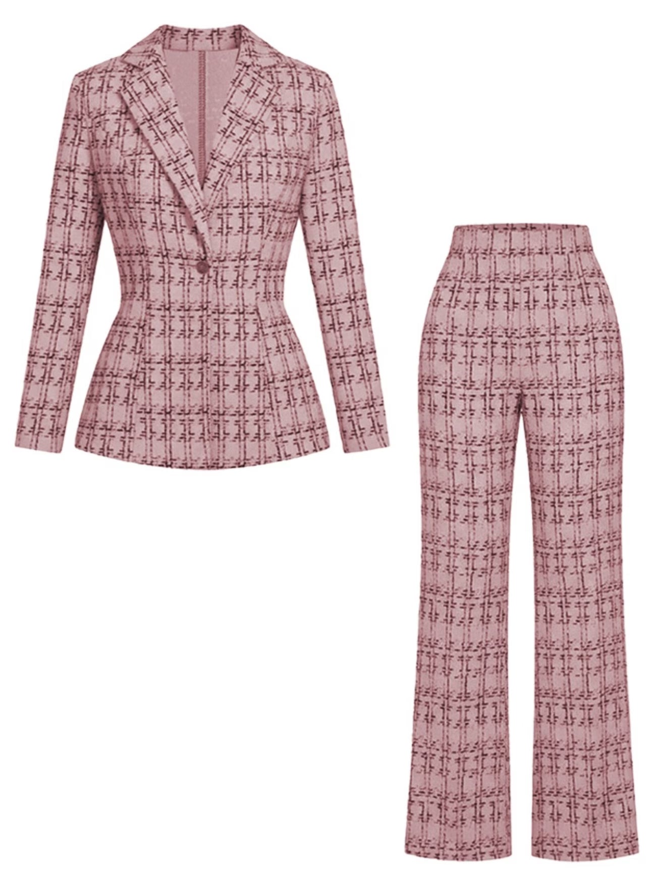 Local warehouseWomen'S Two-Piece Set Featuring a Plaid Blazer with a Single Button And Flared Trousers, Perfect for a Classic Office Look And Suitable for Work Or Casual Business Events