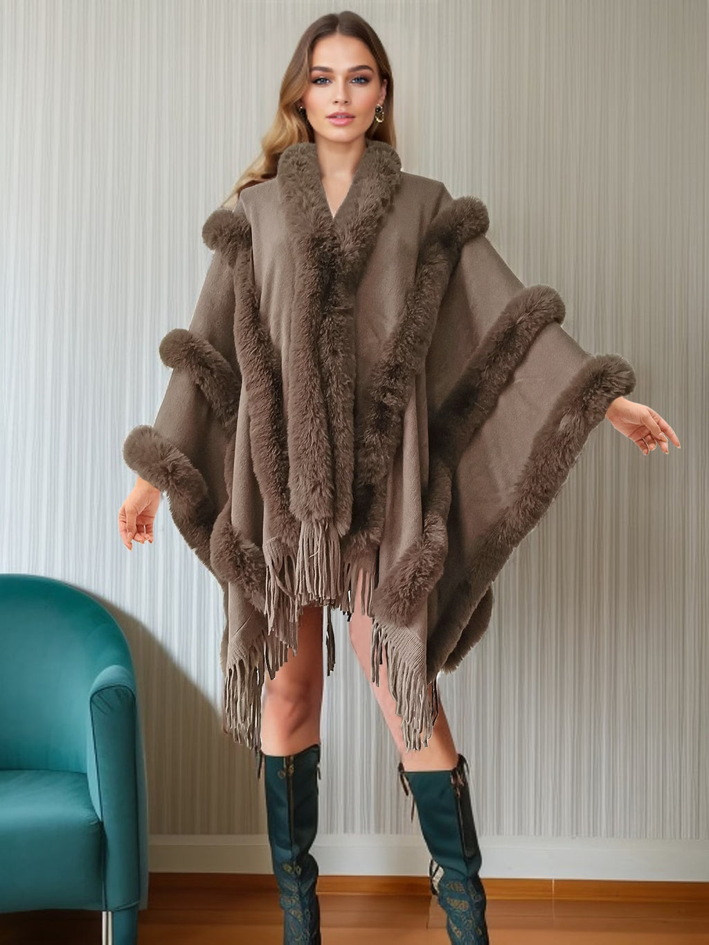 Plus-Size Long Shawl Cape – Solid Color Sleeveless Open-Front with Fringed Hem