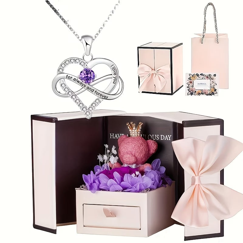 Heart-Shaped Infinity Pendant Necklace & Bear Rose Gift Box Set