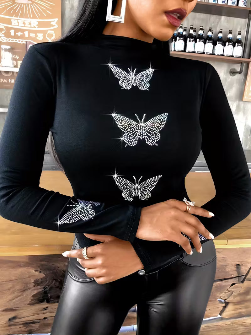 Butterfly Rhinestone Mock Neck Slim Tunic