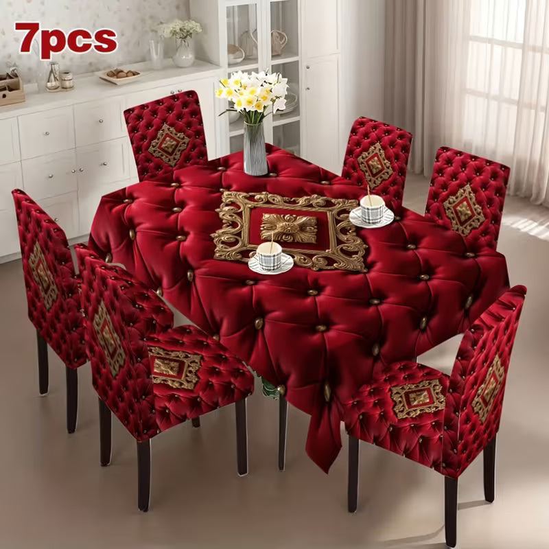 Classic Baroque Red Pillow, Chair Cover & Tablecloth Set (4–7 Pieces)
