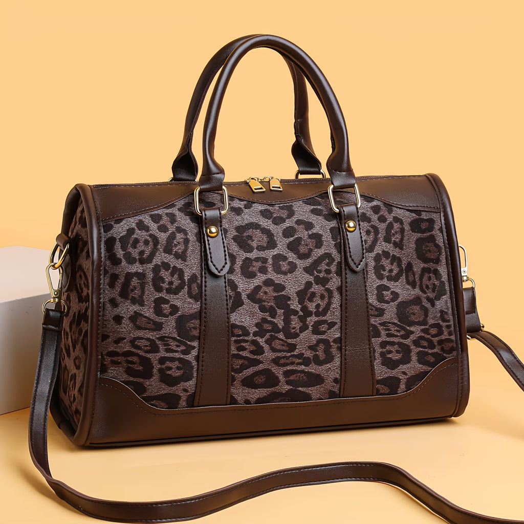 Women’s Leopard Print Handbag – Large Capacity Nylon Shoulder Bag with Zipper & Multiple Compartments