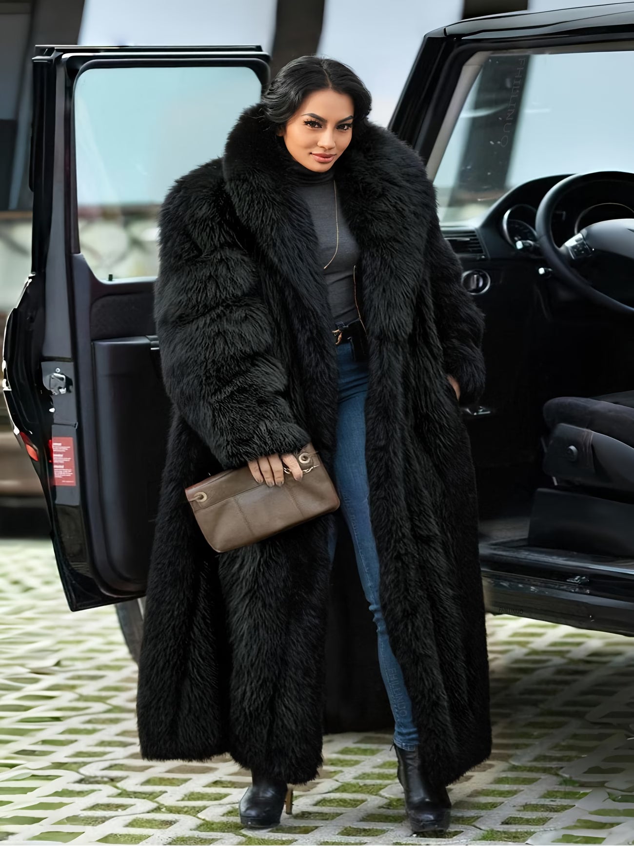 Plus Size Long Faux Rabbit Coat – Women’s Stylish Casual Fall/Winter Coat (Solid Color)