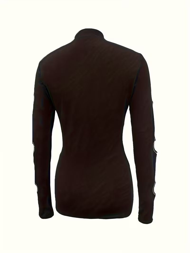 Elegant High Neck Long Sleeve Hollow-Out Rhinestone Top