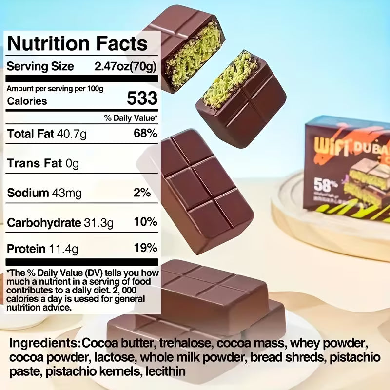 Rich Chocolate & Pistachio Tablets – Dubai Chocolate with Crunchy Bits (2.47oz)