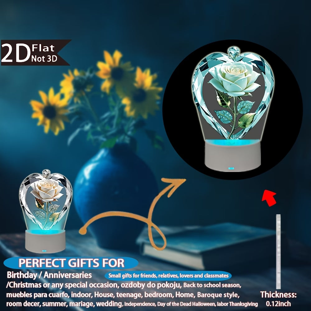 Two-Dimensional White Rose Diamond Heart LED Night Lamp