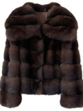 Women’s Elegant Faux Fur Coat – Long Sleeve Button-Up Winter Coat (Brown & White)