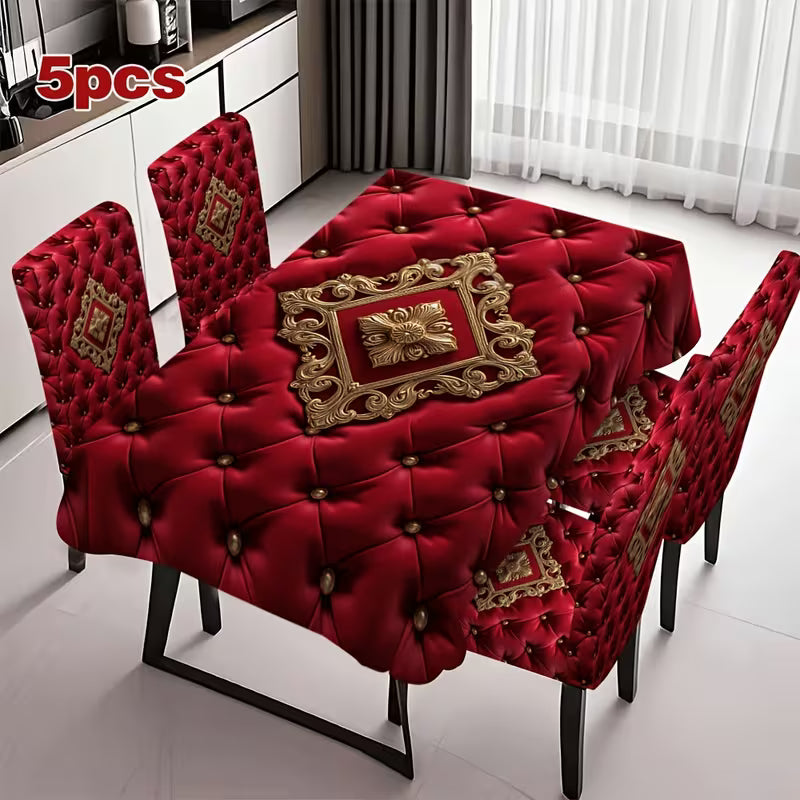 Classic Baroque Red Pillow, Chair Cover & Tablecloth Set (4–7 Pieces)