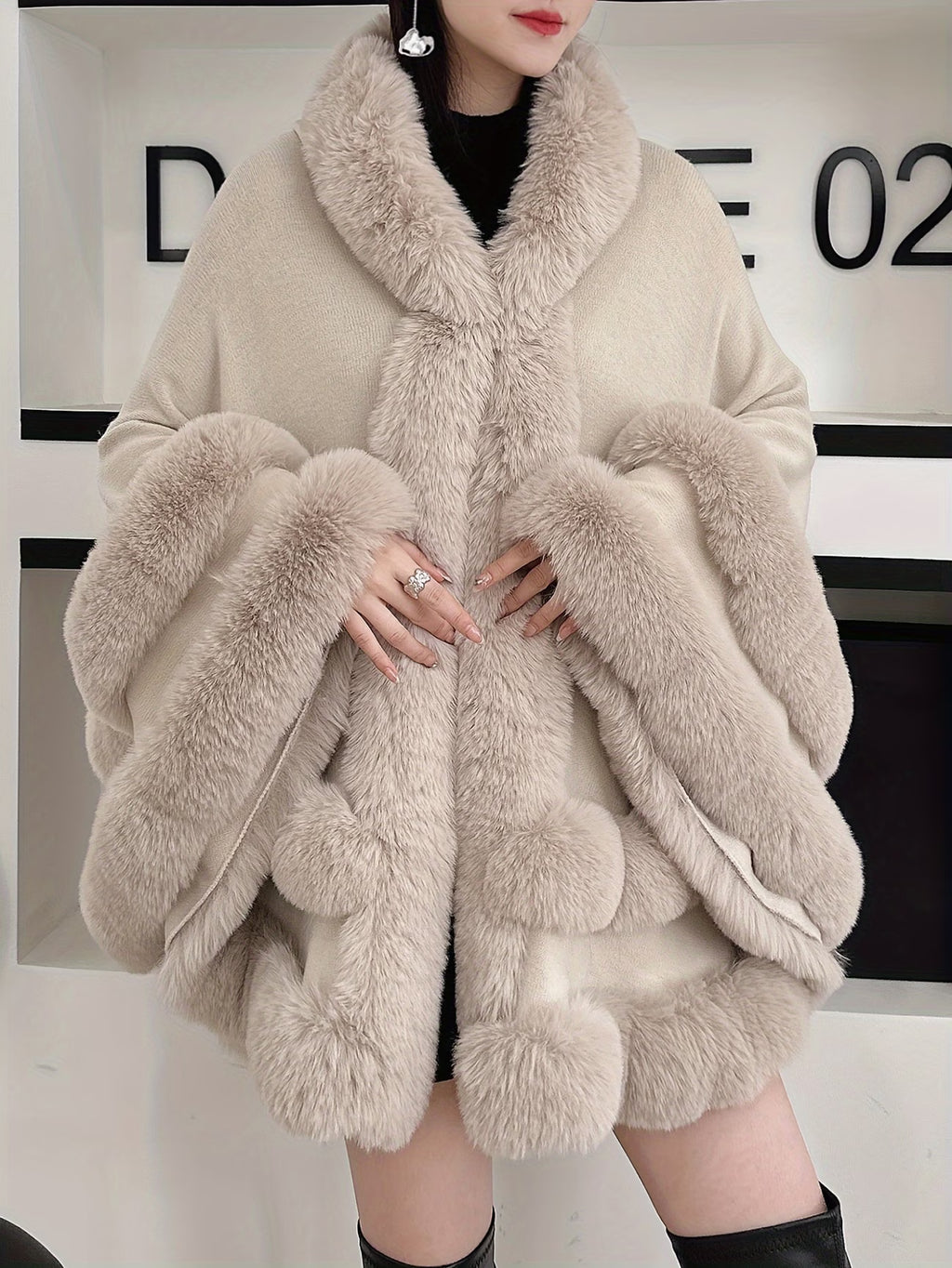 Women’s Winter Cape-Style Faux Fur-Lined Hooded Cardigan – Burgundy Plush Oversized Coat