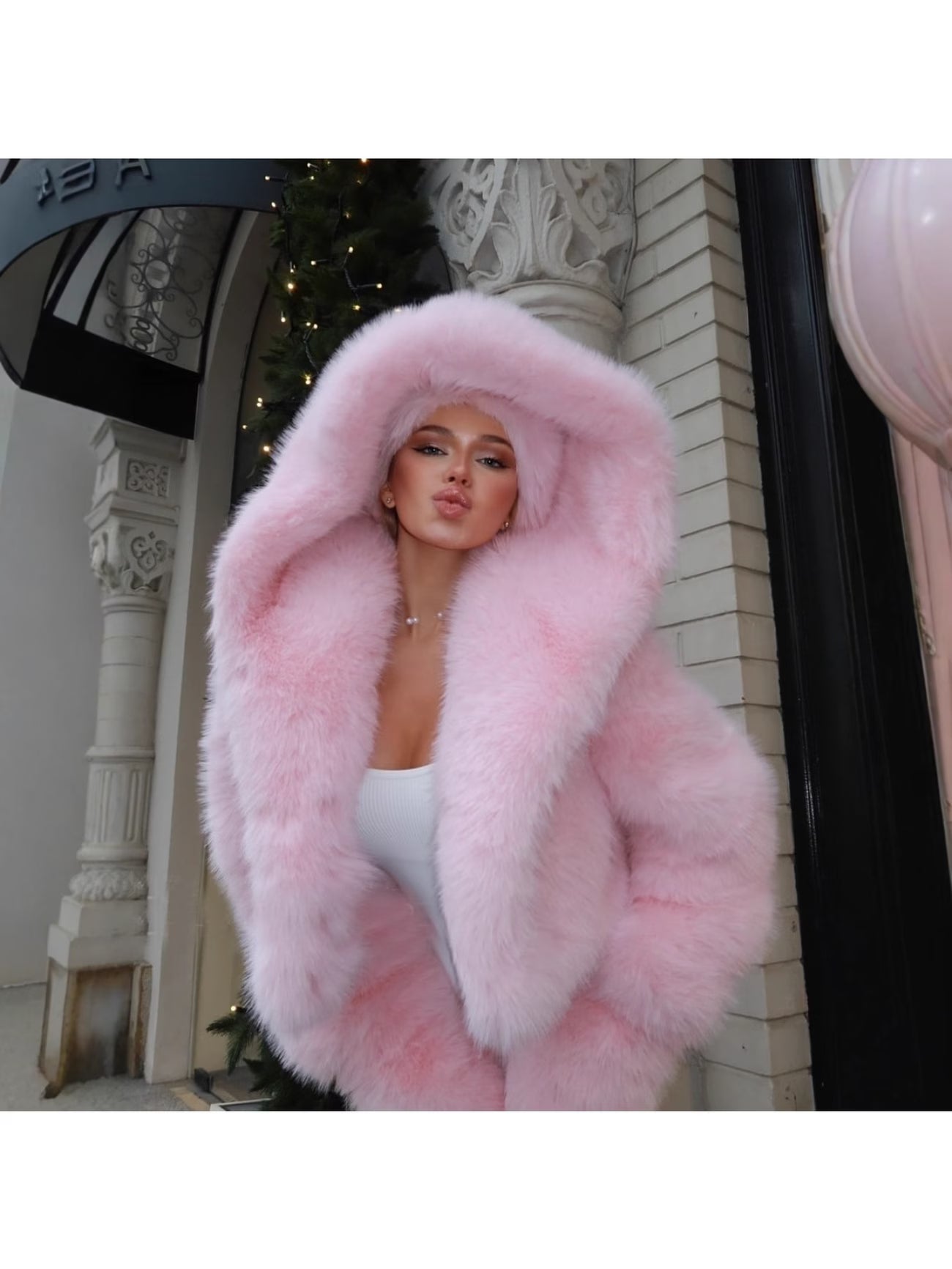 Pink Faux Fur Coat – Women’s Hooded Plush Winter Jacket (Drop Shoulder Fit)