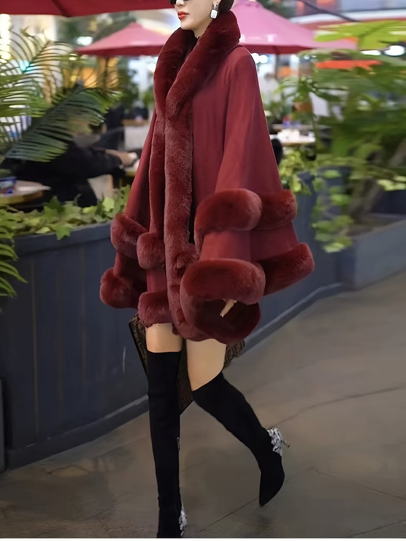 Women’s Winter Cape-Style Faux Fur-Lined Hooded Cardigan – Burgundy Plush Oversized Coat