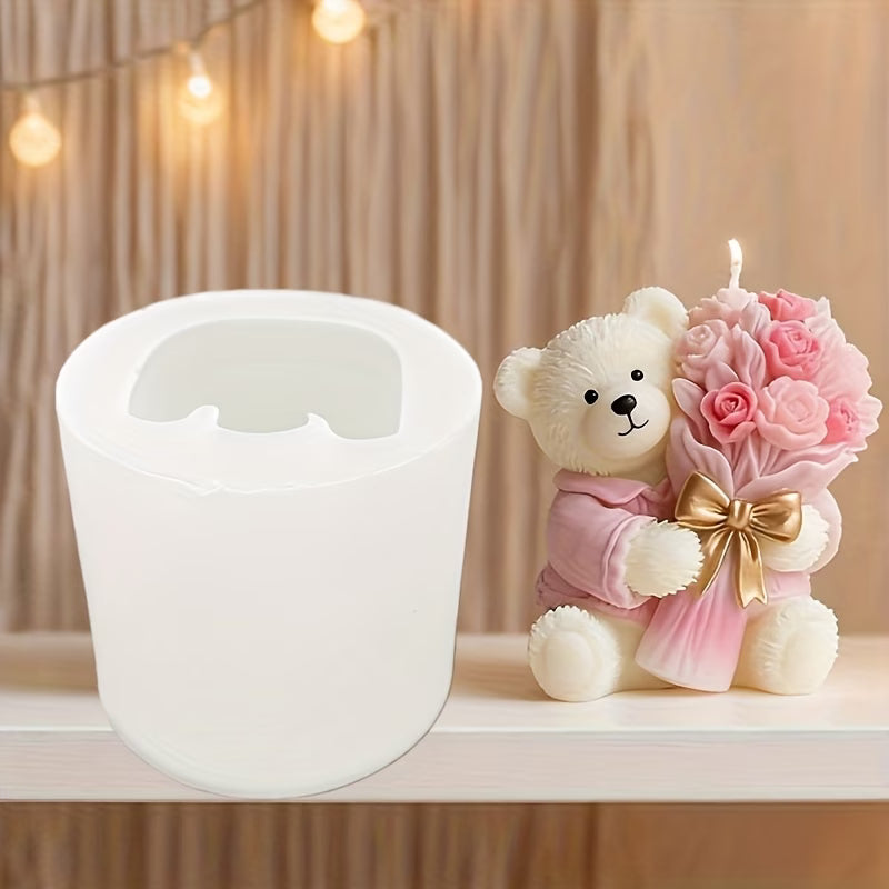 Small Bear Holding Flowers Silicone Candle Mold