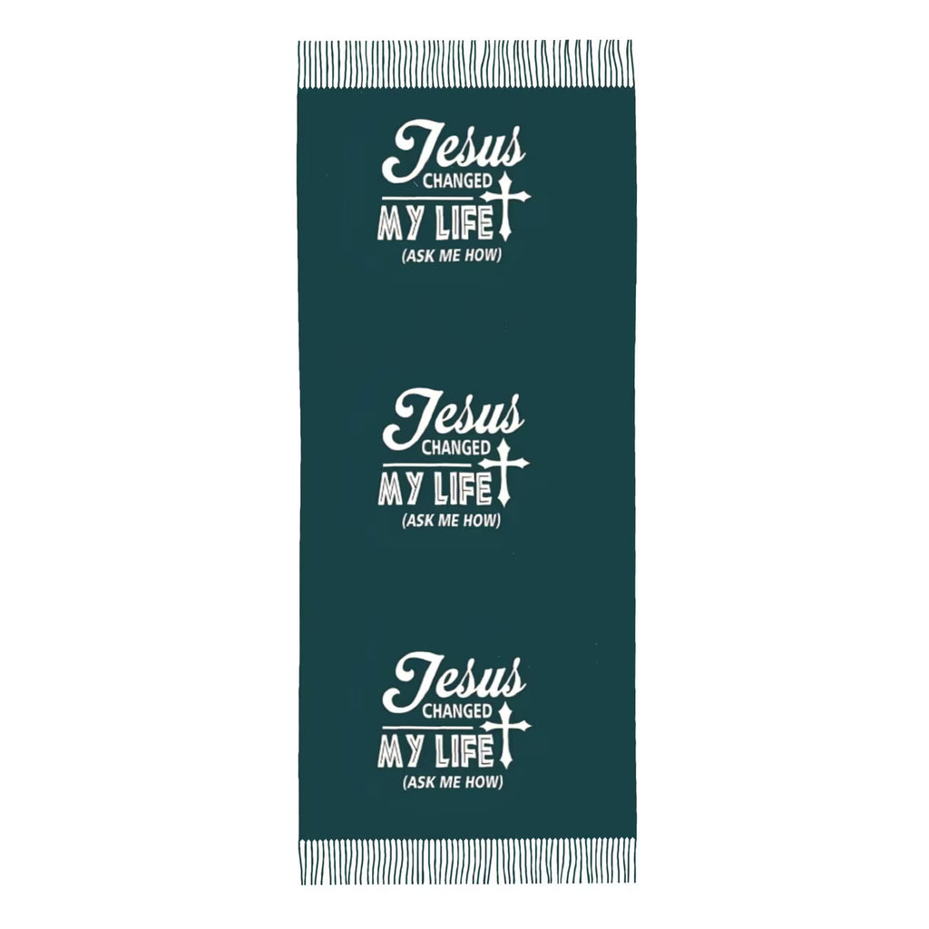 UNISEX Autumn & Winter Tassel Scarf – Vintage Knit with “Changed My Life” Christian Quote