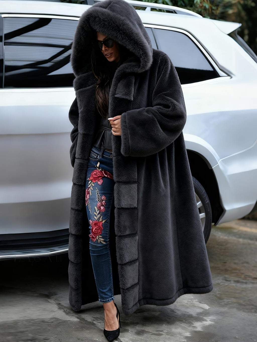 Plus Size Women’s Faux Fur Coat – 2026 Autumn/Winter Long Hooded Casual Coat (Solid Color)