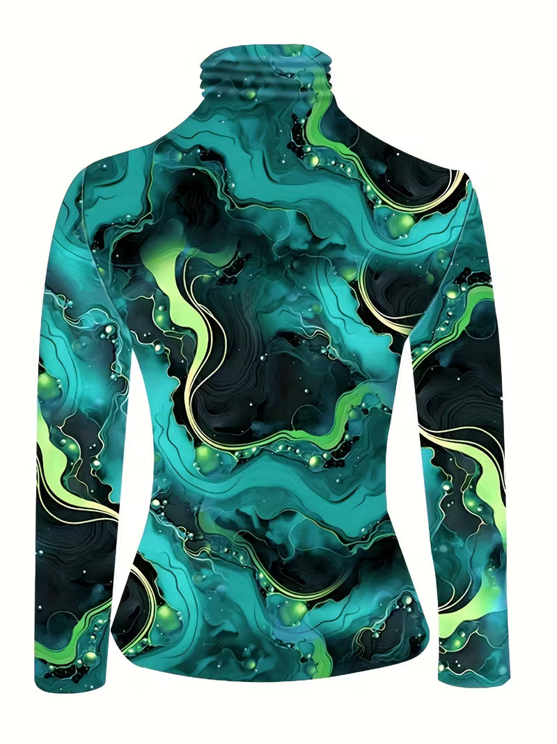 Plus Size High-Neck Printed Long Sleeve T-Shirt – Autumn & Winter