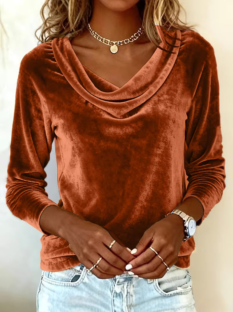 Solid Color Velvet Long Sleeve Tee – Scoop Neck, Soft & Versatile