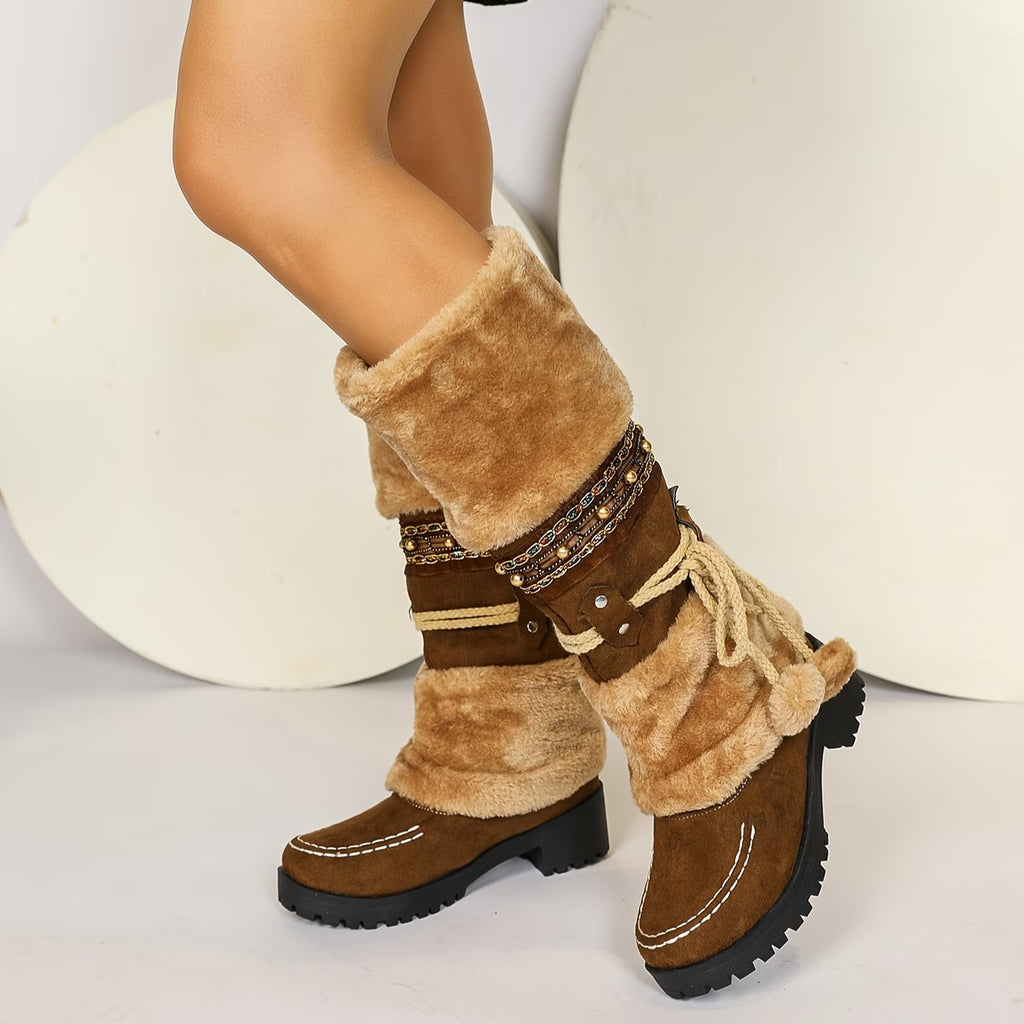Women’s Mid-Calf High Heel Boots – Autumn/Winter Faux Fur Lined Ethnic Cowboy Style