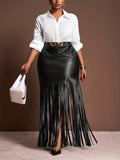 Plus Size Elegant Pleated Maxi Skirt – Elastic Waistband & Fringe Trim
