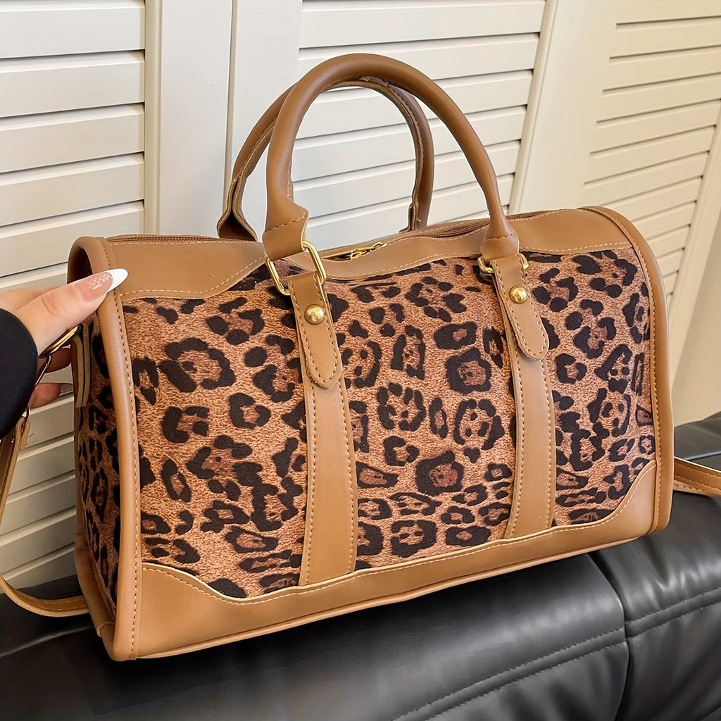 Women’s Leopard Print Handbag – Large Capacity Nylon Shoulder Bag with Zipper & Multiple Compartments