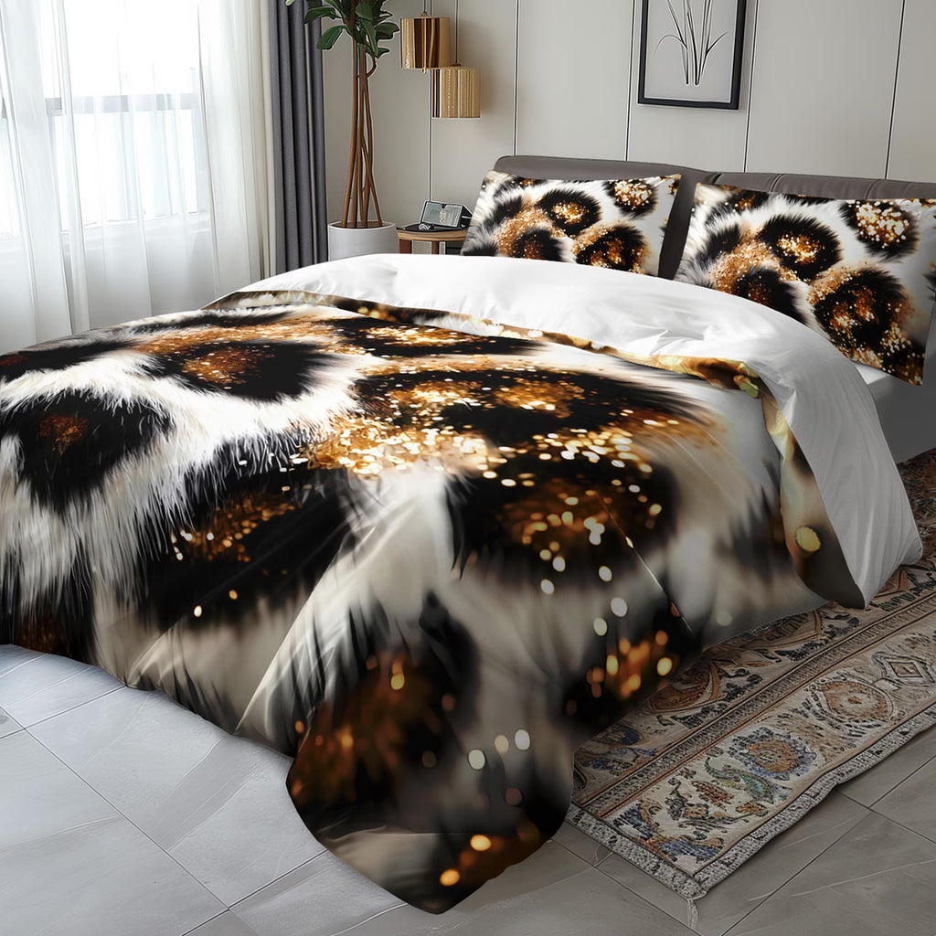 3pcs Fluffy Faux Fur Leopard Bedding Set – Duvet Cover, Quilt Cover & Pillowcases (Black & Gold)