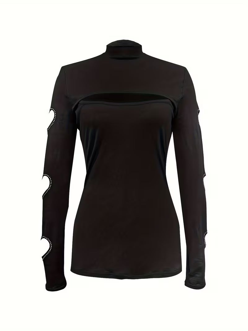 Elegant High Neck Long Sleeve Hollow-Out Rhinestone Top