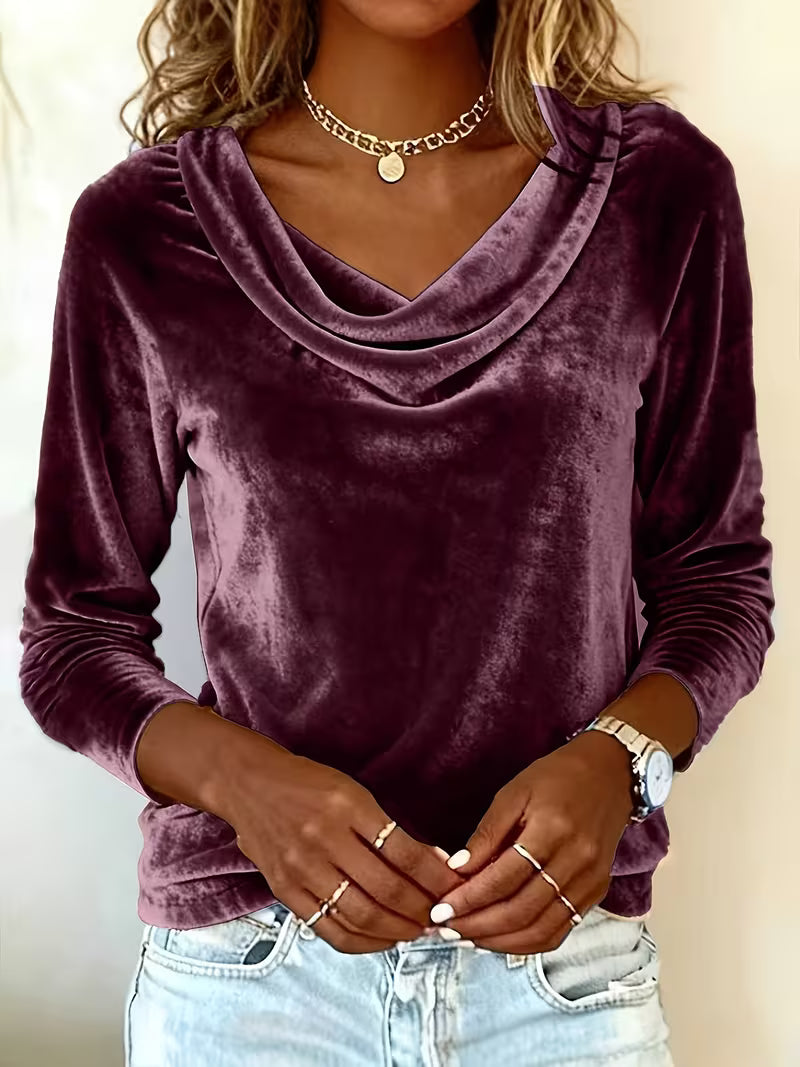 Solid Color Velvet Long Sleeve Tee – Scoop Neck, Soft & Versatile