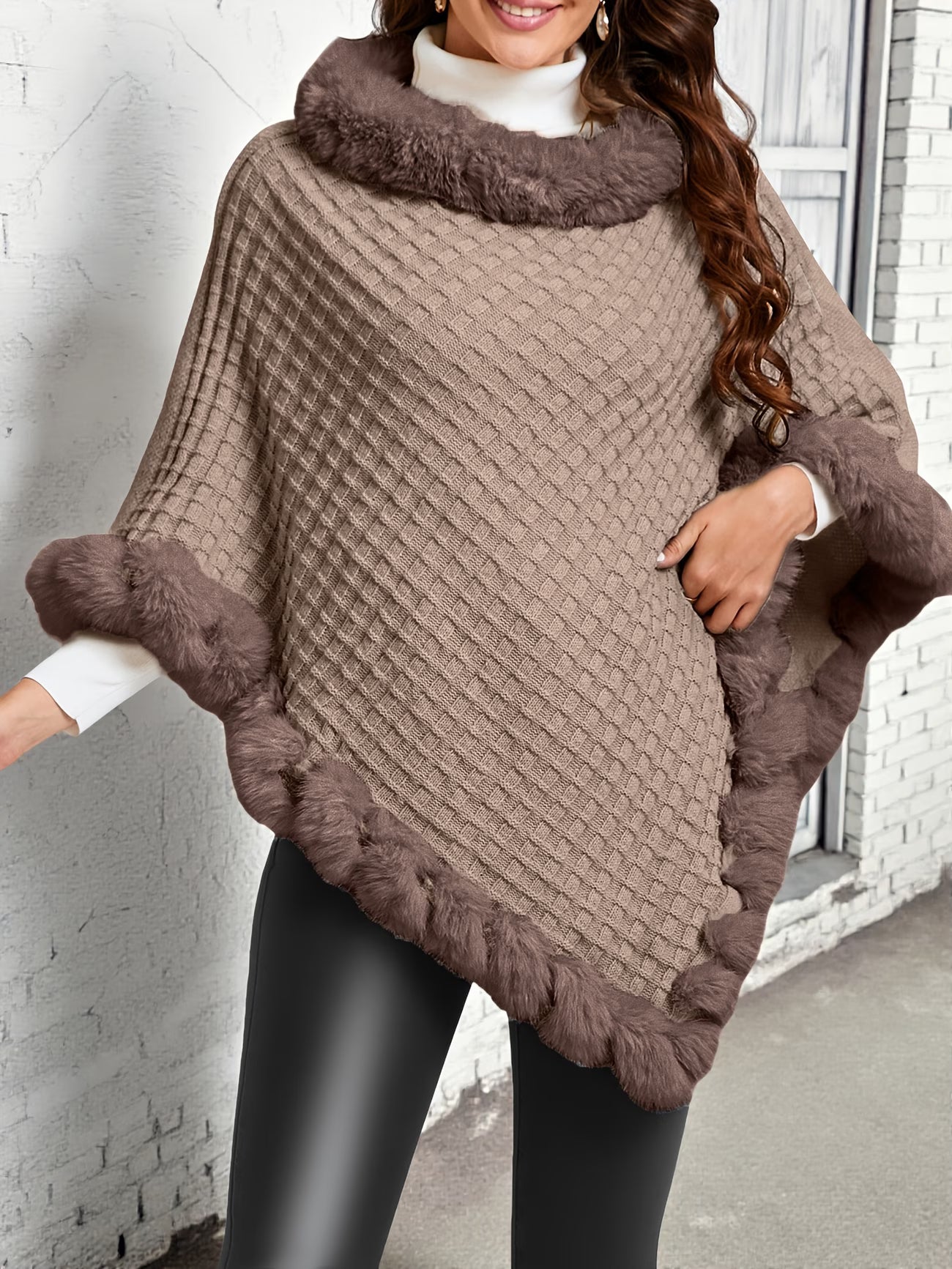 Elegant Special Edition “Pure Body Bust” Women’s Waffle Shawl Pullover – Faux Fur Collar, Solid Color