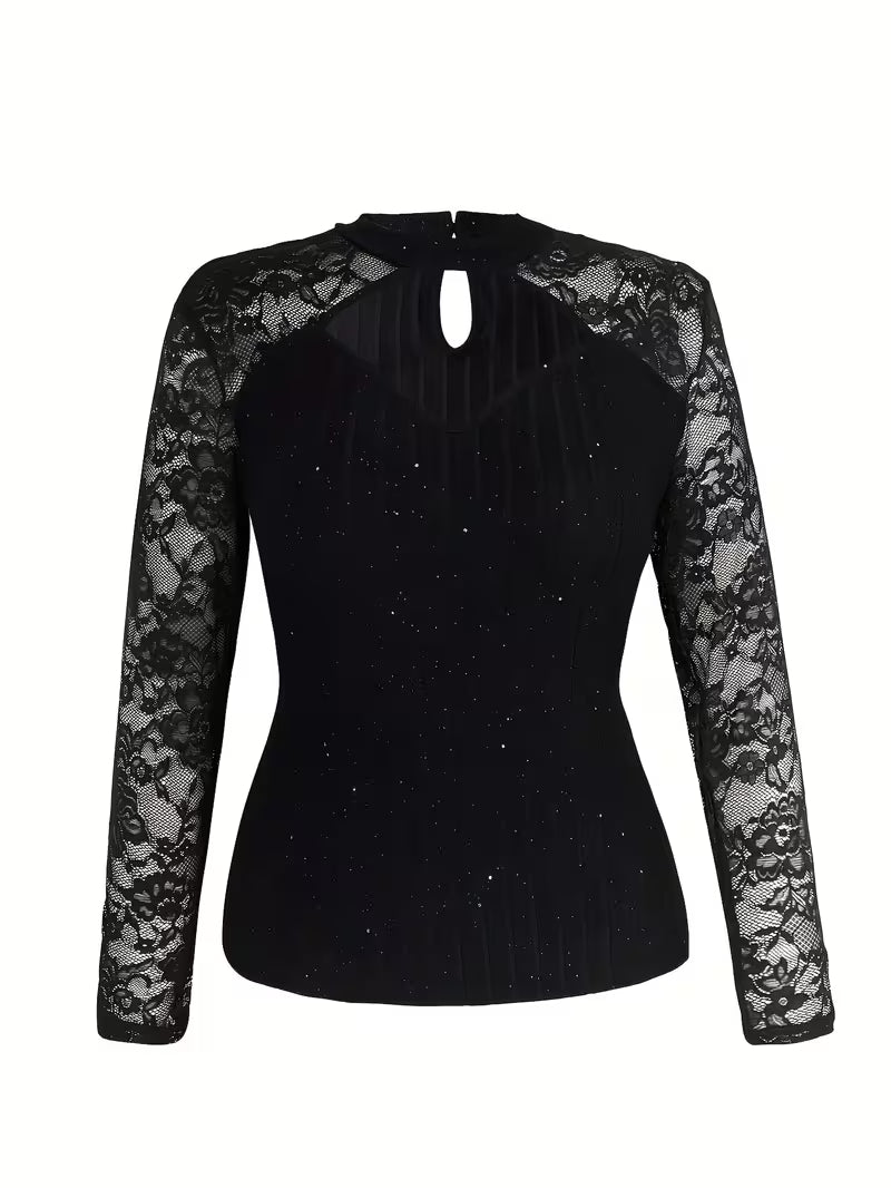 Plus Size Elegant Long-Sleeve Lace Patchwork T-Shirt