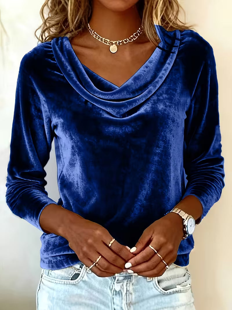 Solid Color Velvet Long Sleeve Tee – Scoop Neck, Soft & Versatile