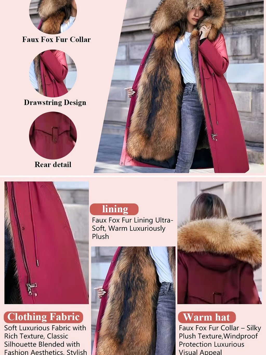 Women’s Winter Parka Jacket – Thickened Padded Coat with Faux Fox & Raccoon Fur