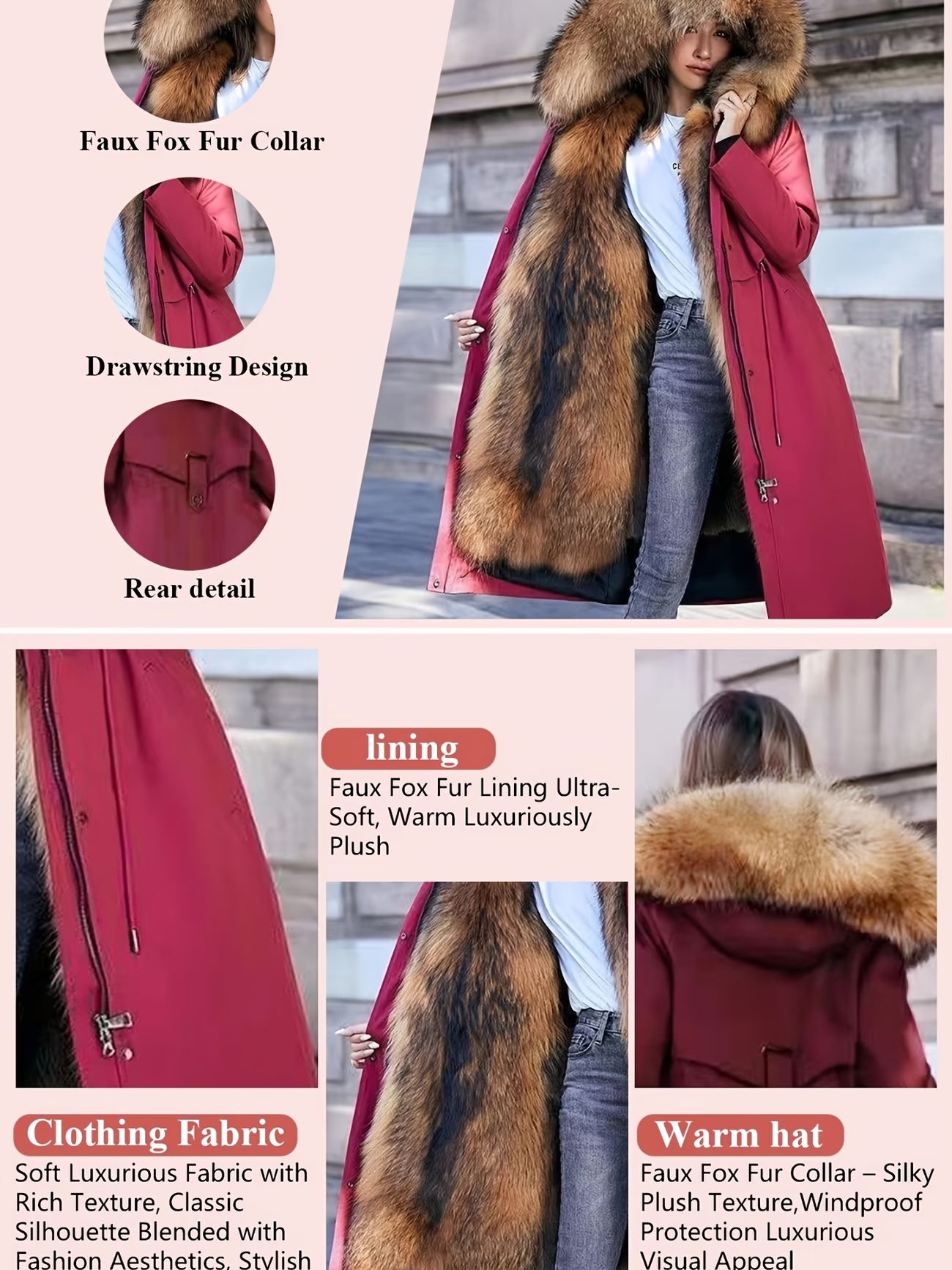 Women’s Winter Parka Jacket – Thickened Padded Coat with Faux Fox & Raccoon Fur