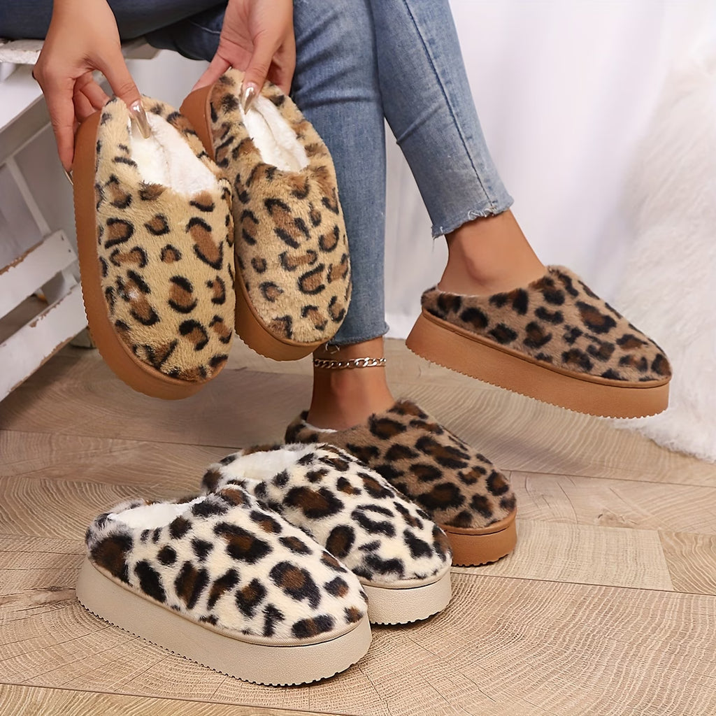 Women’s Cozy Leopard Print Faux Fur House Slippers | Warm Indoor Winter Shoes